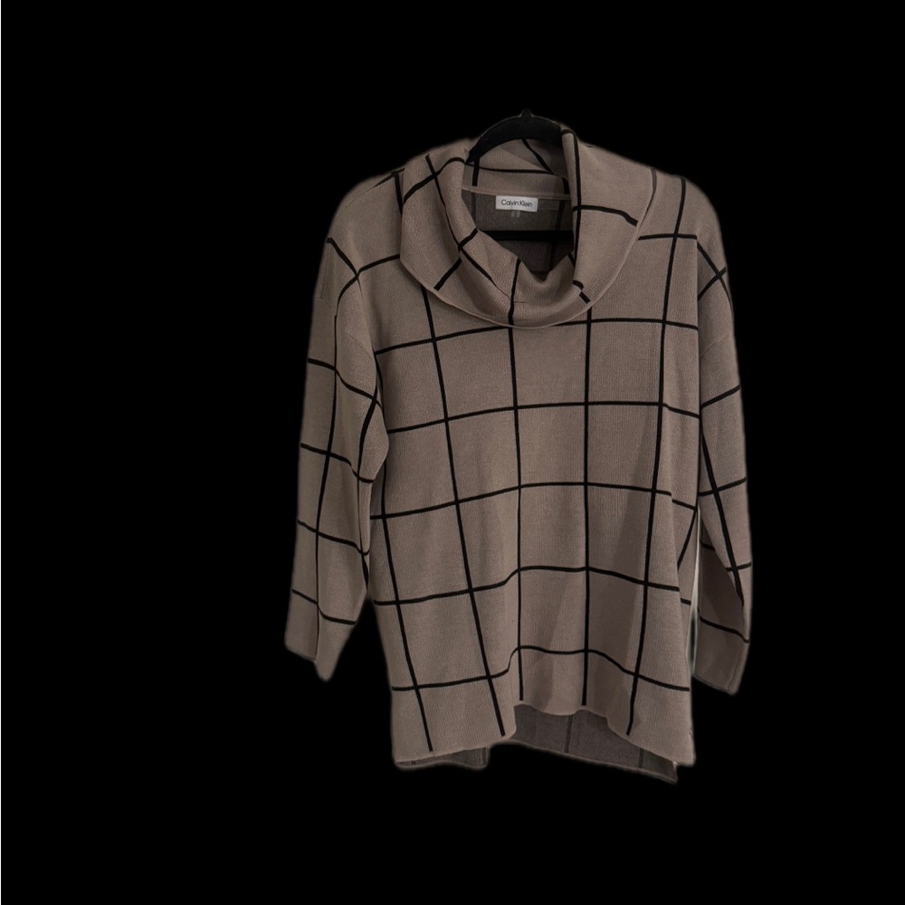 Calvin Klein Women's Cowl Neck Sweater in Tan with Black Grid
